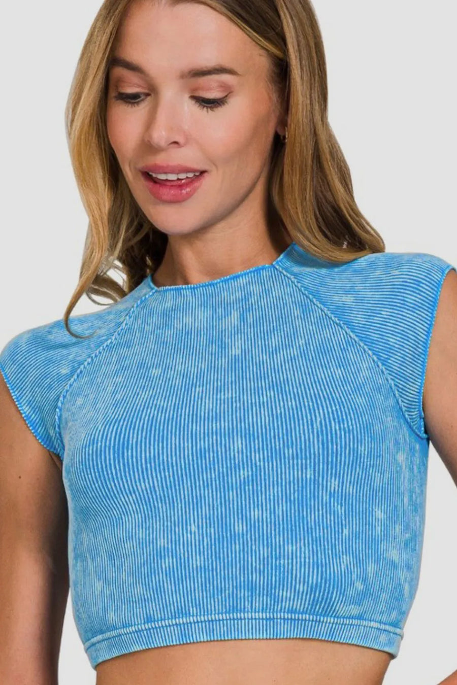 Ribbed Round Neck Cropped Top — Sky Blue