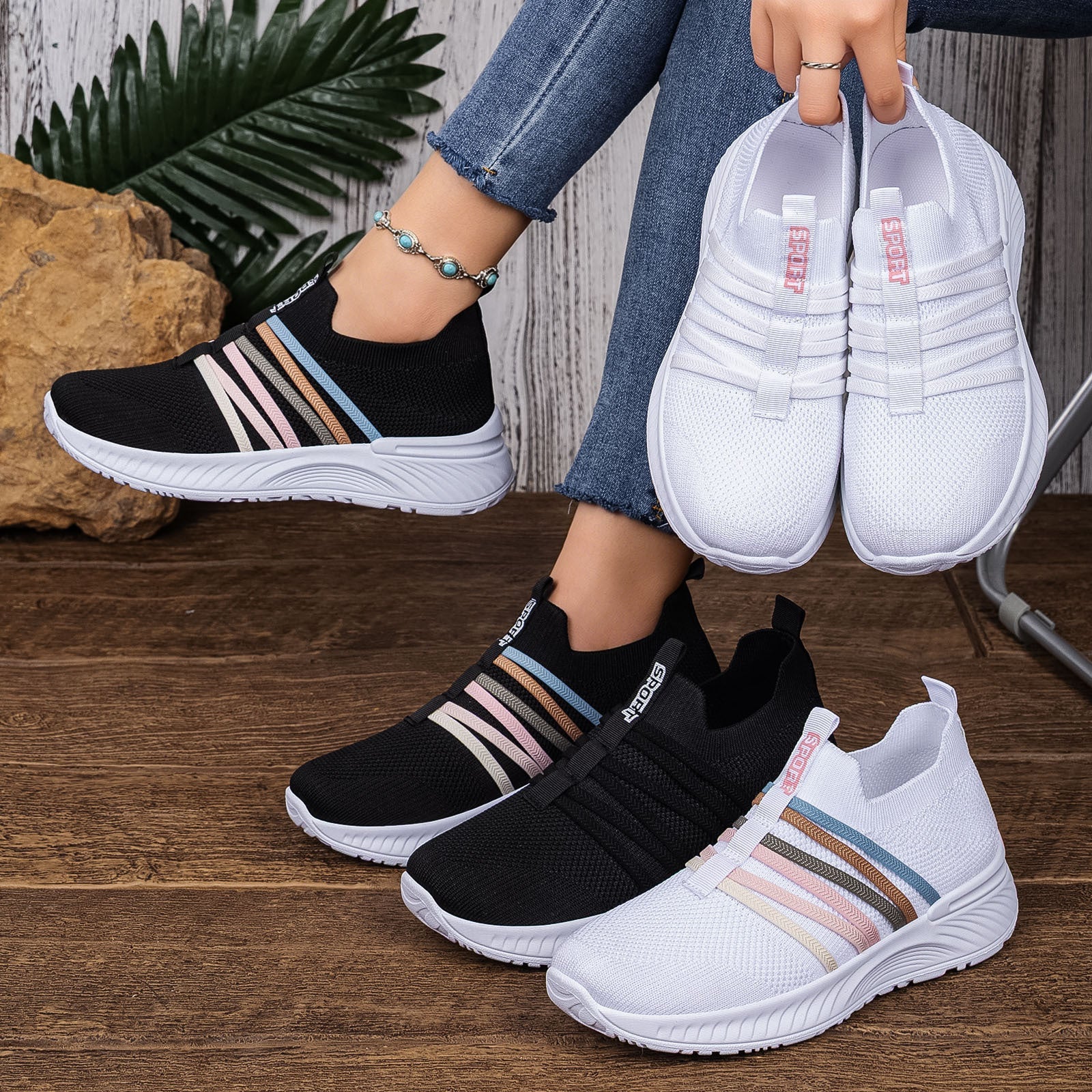Women's Breathable Flyknit Slip-On Casual Shoes | Lightweight Mesh Striped Sneakers | Sarah Express