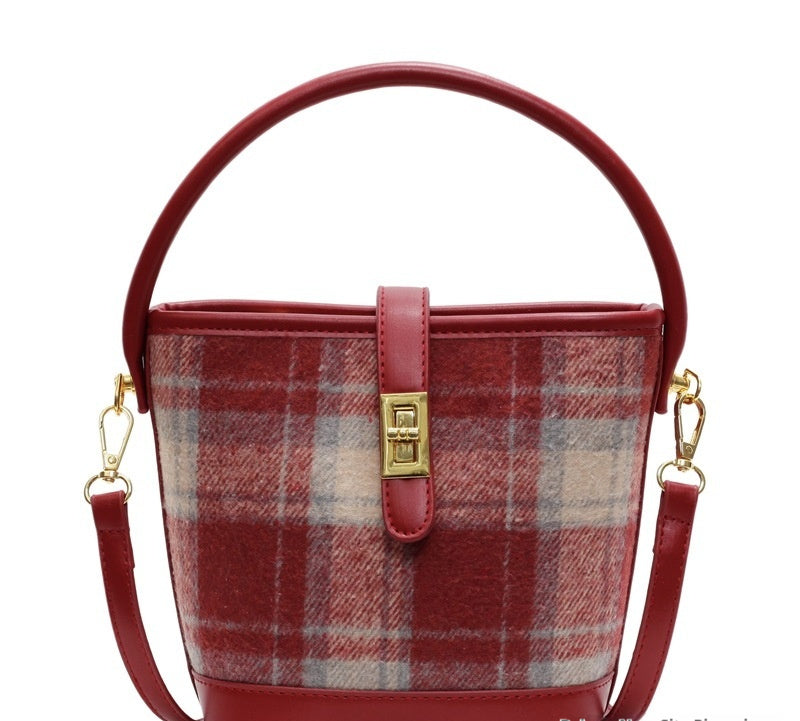 Vintage Plaid Suede Tote Bucket Bag - Korean Style Shoulder Handbag for Women