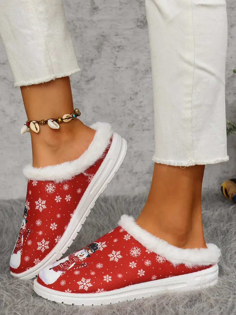 Snowman Print Faux Fur Flat Slippers — photo 9