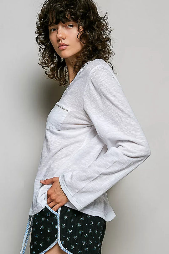 Another view: POL Contrast Hand-Stitch V-Neck Lightweight Knit Long Sleeve Top