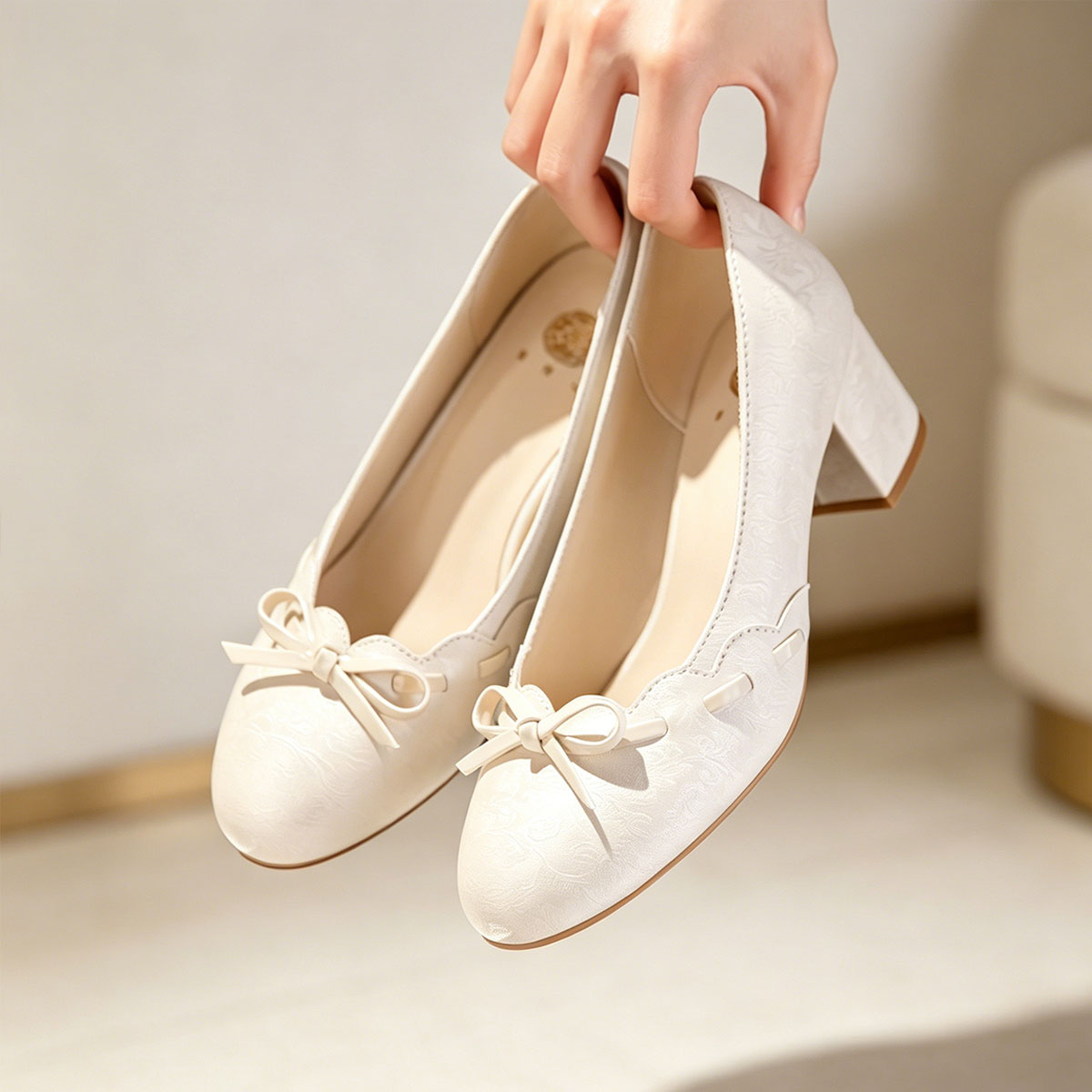 Women's Satin Bow Block Heel Pumps | Ivory Jacquard Slip-On Heels