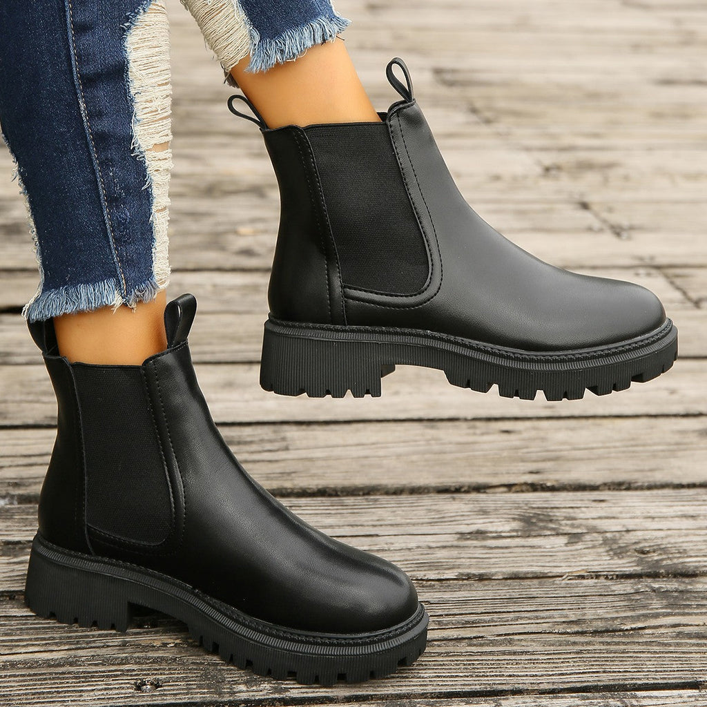 Women's Chunky Heel Martin Ankle Boots – Round Toe Slip-On Block Heel Booties