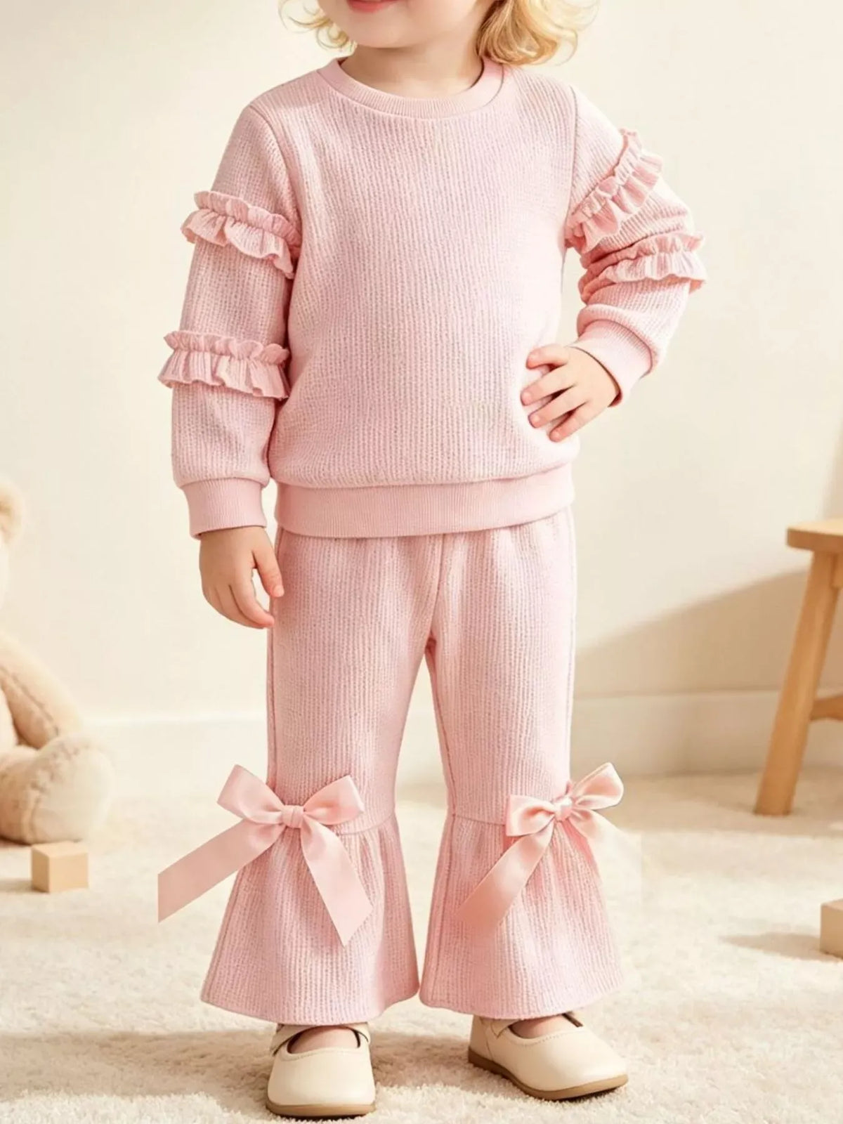 Girls' Ruffle-Sleeve Top & Bow Flare Pants Set — photo 4