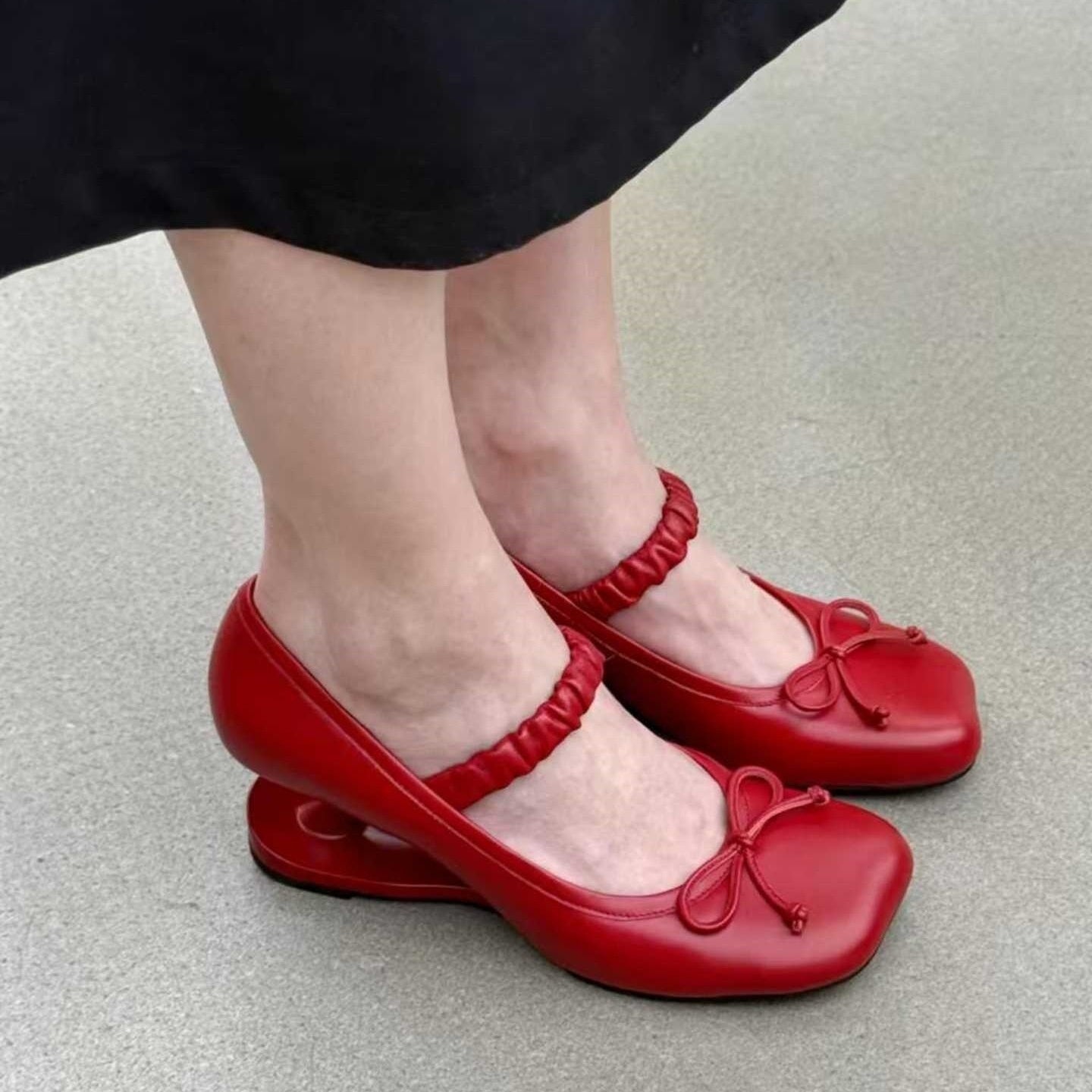 Women's Square Heel Leather Pumps with Bow Accent - Genuine Leather Mid Heel Shoes