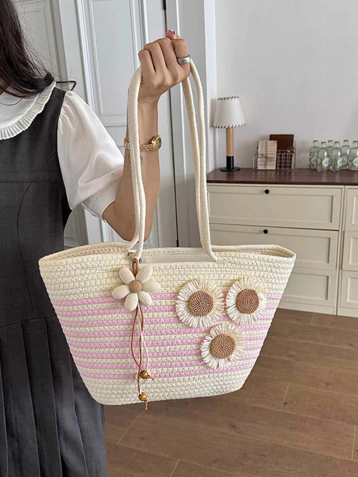 Pink Sunflower Straw-Woven Shoulder Bag