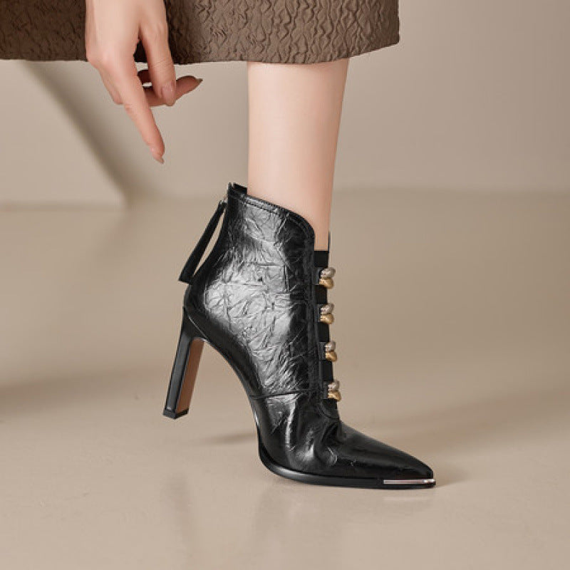 Women's Pointed-Toe Chunky Heel Short Boots – Satin Upper, Ultra-High Heel
