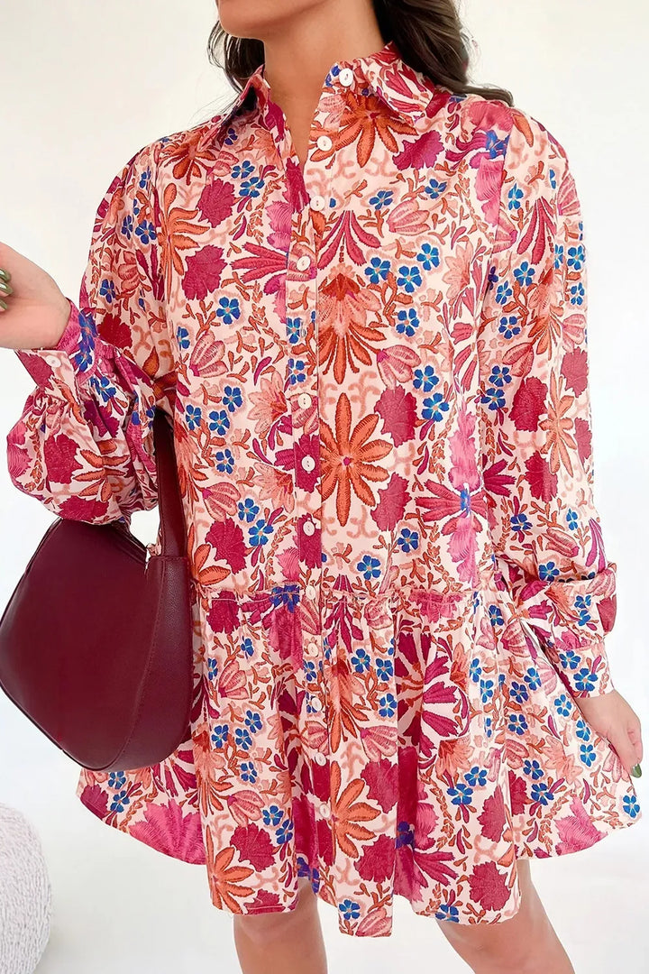 Fall Flower Print Long-Sleeve Mini Dress