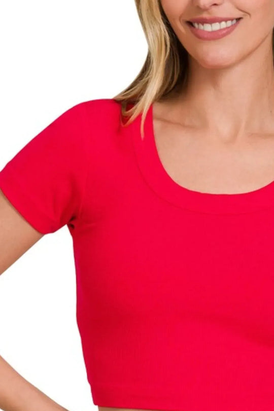 Another view: Ribbed Scoop Neck Crop Short Sleeve Top
