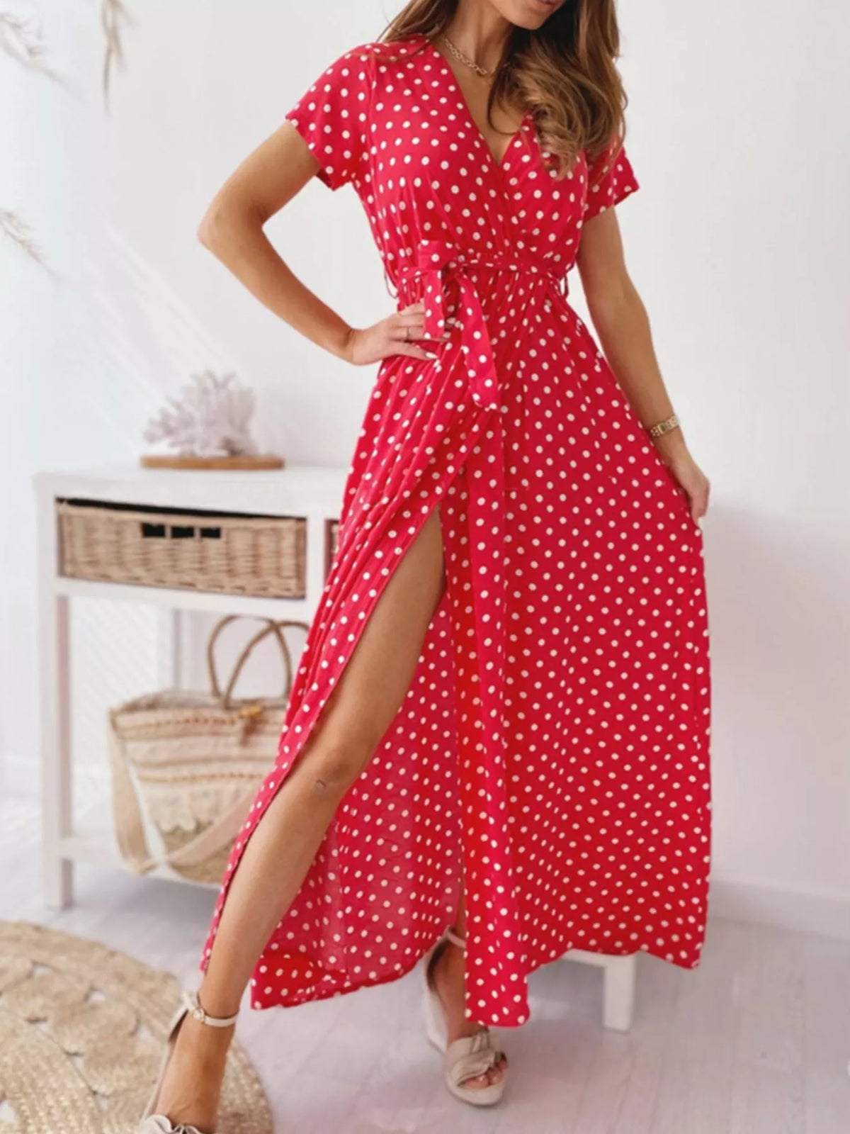 Polka-Dot Surplice Maxi Dress