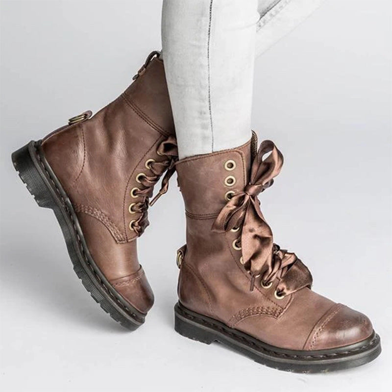 Women's British-Style Lace-Up Ankle Boots | Round Toe Flat Boots