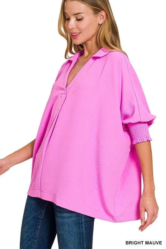 Another view: Airflow Collar Tee with Smocked Sleeve Band Top