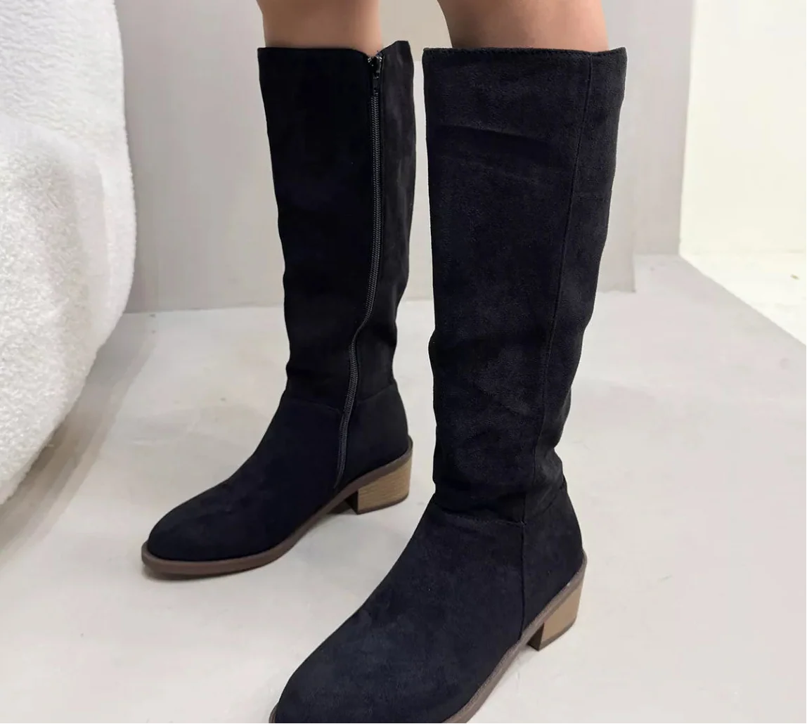 Women's Suede Knee-High Boots | Side Zipper Mid-Heel | Knee High Boots for Women