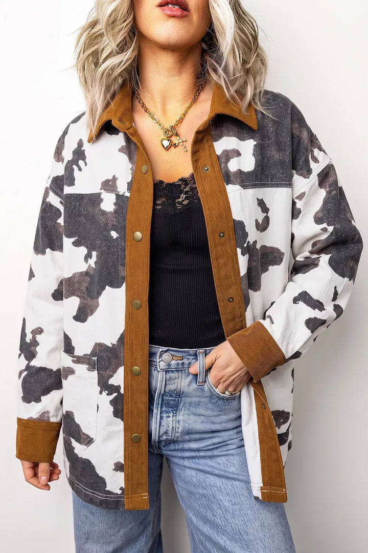Multicolour Western Cow Print Long-Sleeve Button-Up Denim Jacket