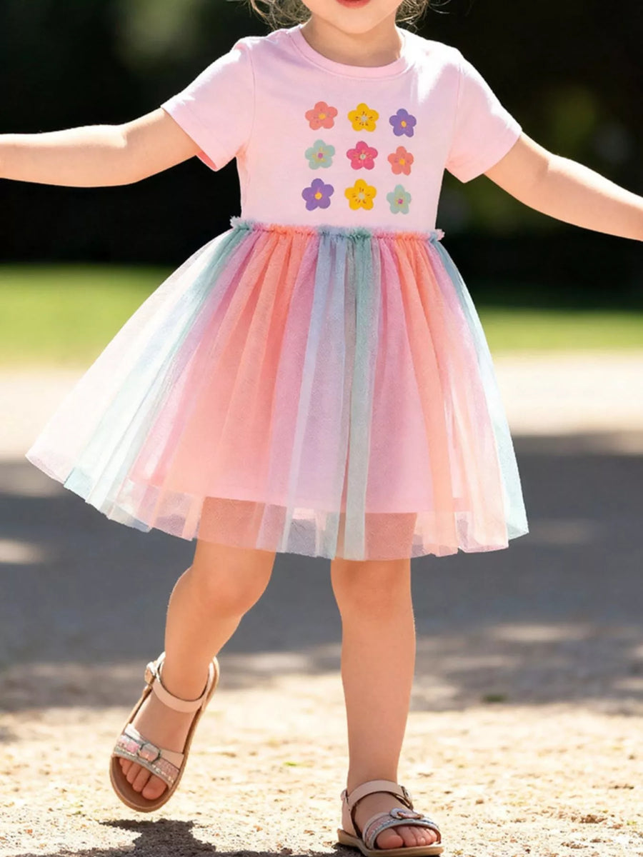 Girls' Floral Rainbow Tulle Dress – Dusty Pink