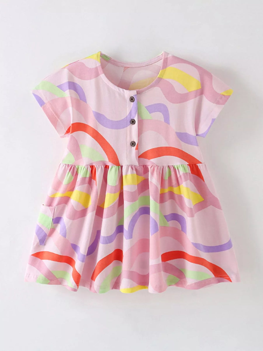 Girls’ Colorful Wave-Print Cotton Dress — Multicolor