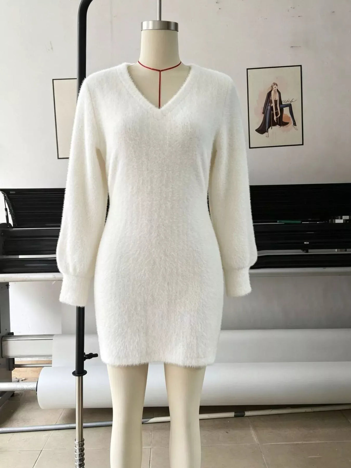 Fuzzy V-Neck Long-Sleeve Sweater Dress — photo 7