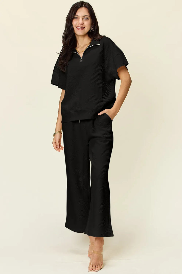 Textured Half-Zip Top & Pants Set — Full Size