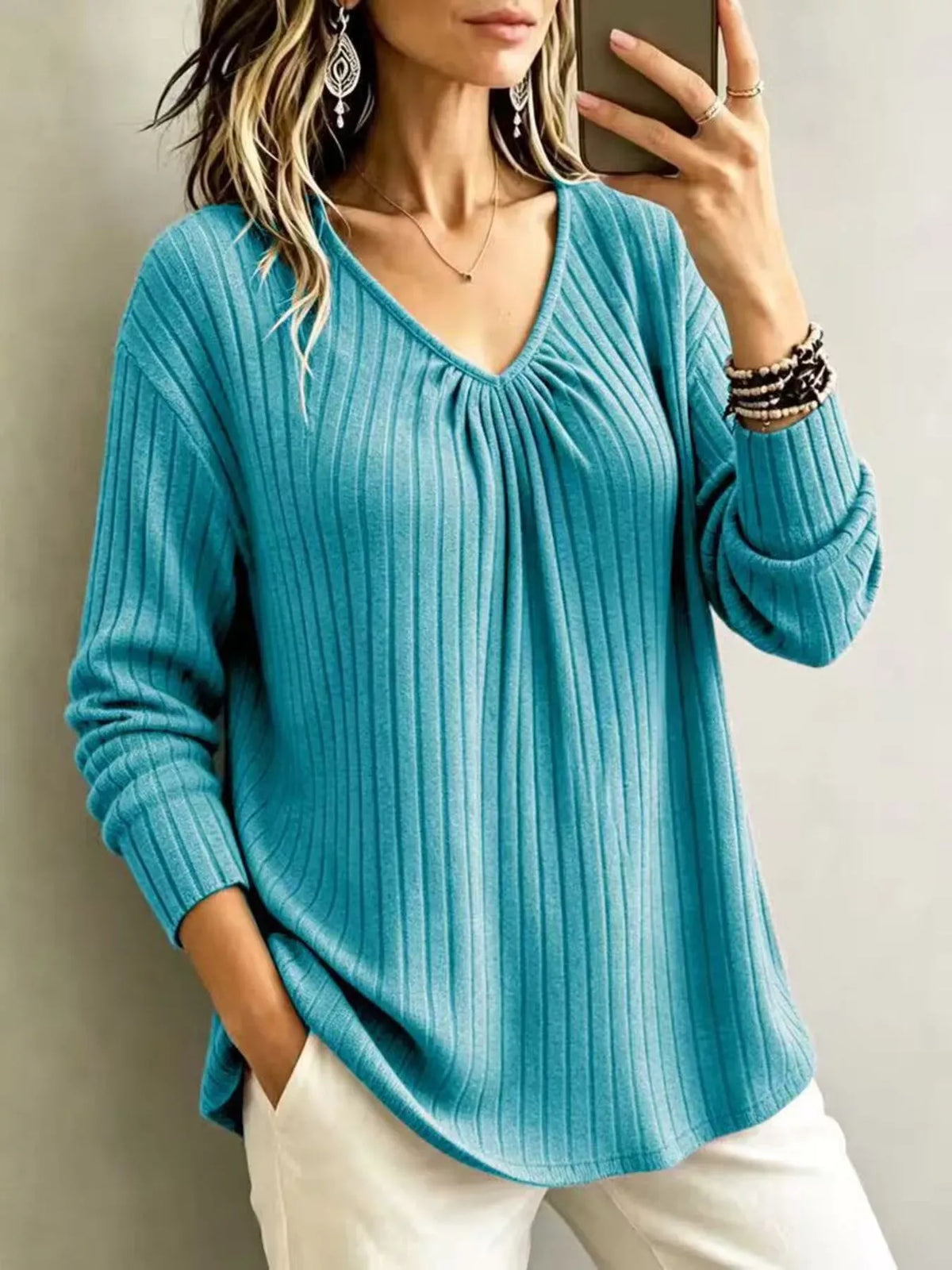 Women's Ribbed V-Neck Long-Sleeve Top — photo 11