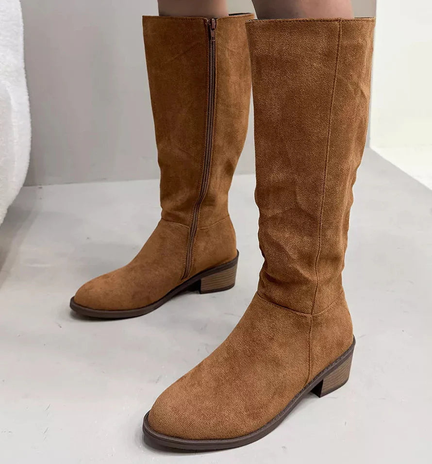 Women's Suede Knee-High Boots | Side Zipper Mid-Heel | Knee High Boots for Women