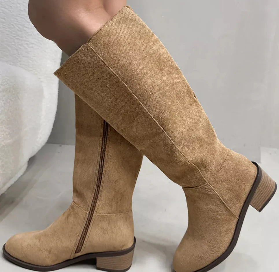 Women's Suede Knee-High Boots | Side Zipper Mid-Heel | Knee High Boots for Women