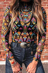 Black abstract-print mesh mock-neck long-sleeve top, alternate view 3