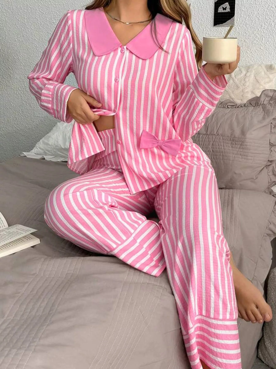 Stripe Buttoned Front Long-Sleeve Top and Pants 2 Piece Sleepwear