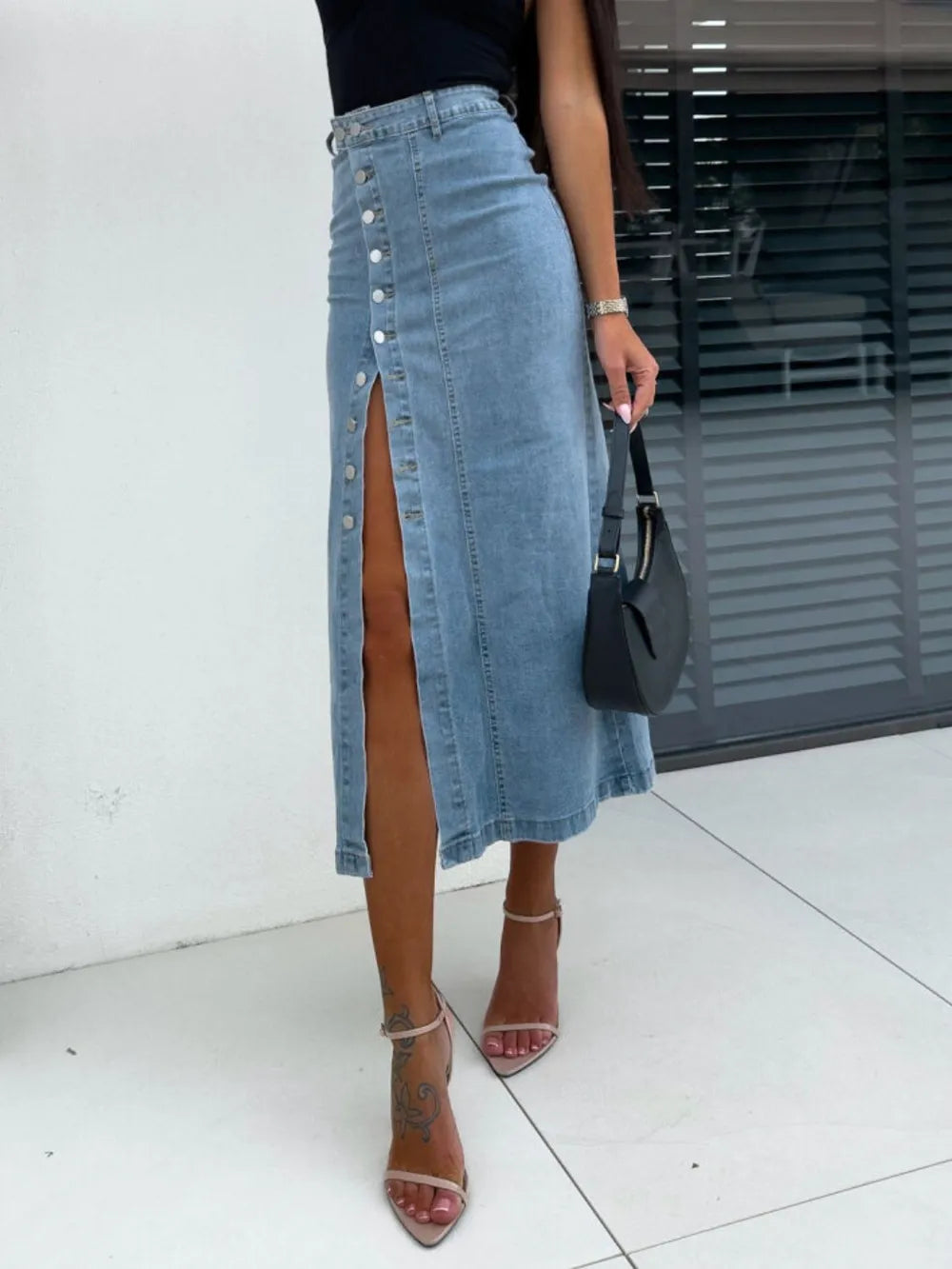Women's Front-Button Slit Midi Denim Skirt