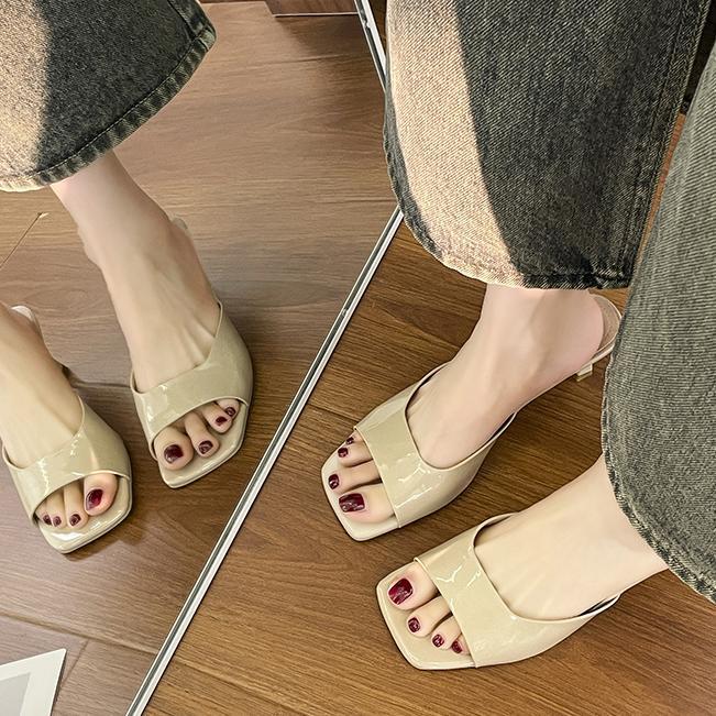 Women's Square Toe Low Heel Slippers – Open Toe Patent Leather Slide Sandals