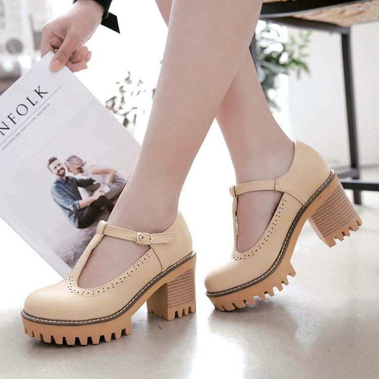 Women's Retro Lace-Trim Hidden Wedge High Heels | Low-Top Buckle Strap Shoes