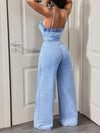 Women's blue button-down wide-leg denim jumpsuit