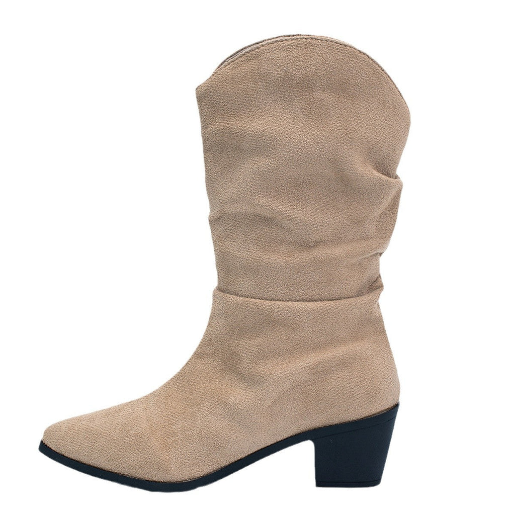 Women's Chunky Heel Pointed Toe Denim Midcalf Boots - Slip-On Fashion Boots