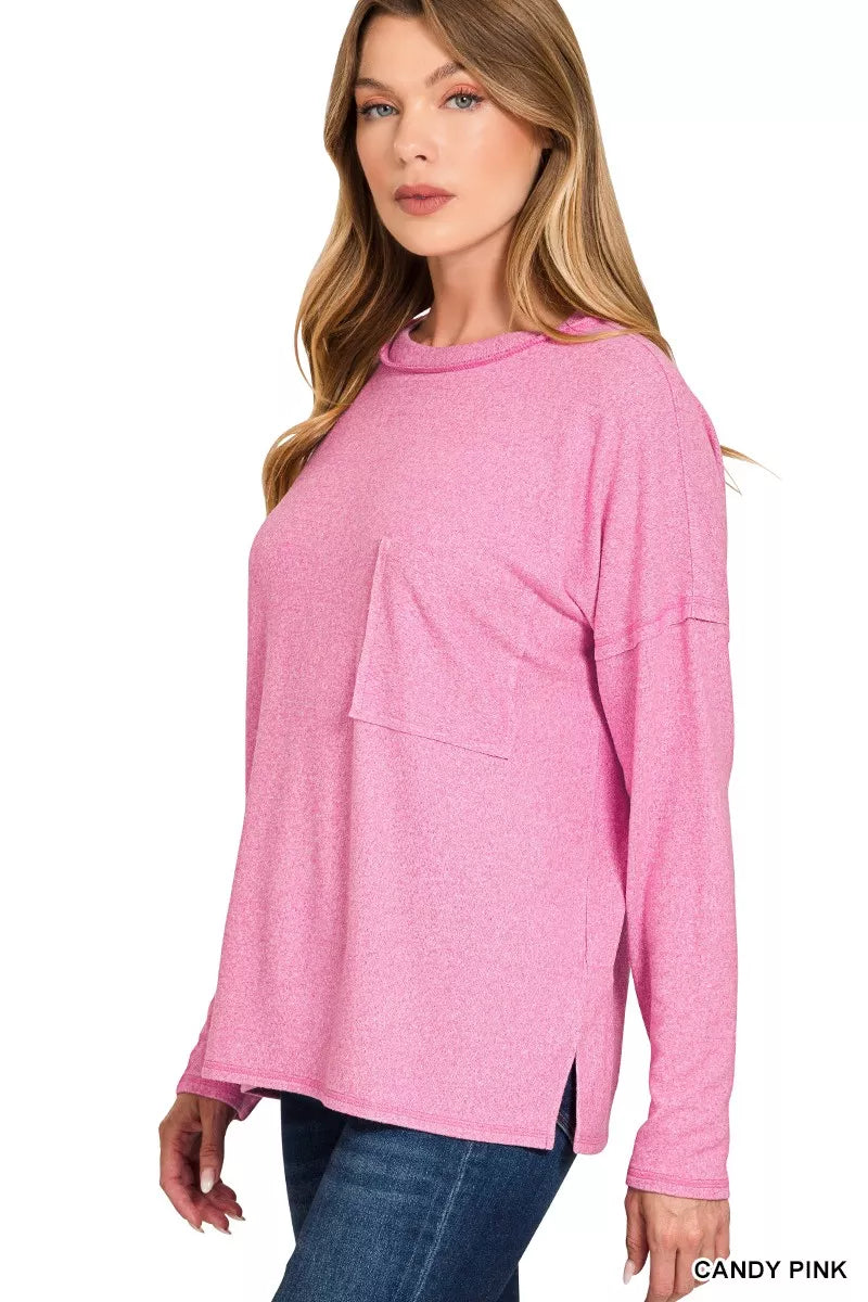 Soft Melange Hacci Round-Neck Long Sleeve T-Shirt — CANDY PINK