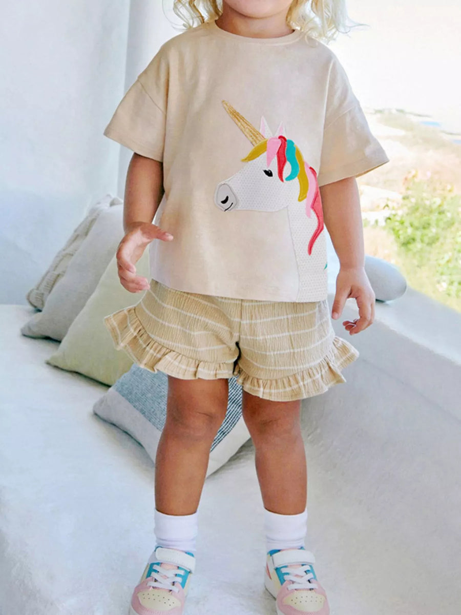 Girls' Unicorn Cotton Top & Ruffle Shorts Set – Tan