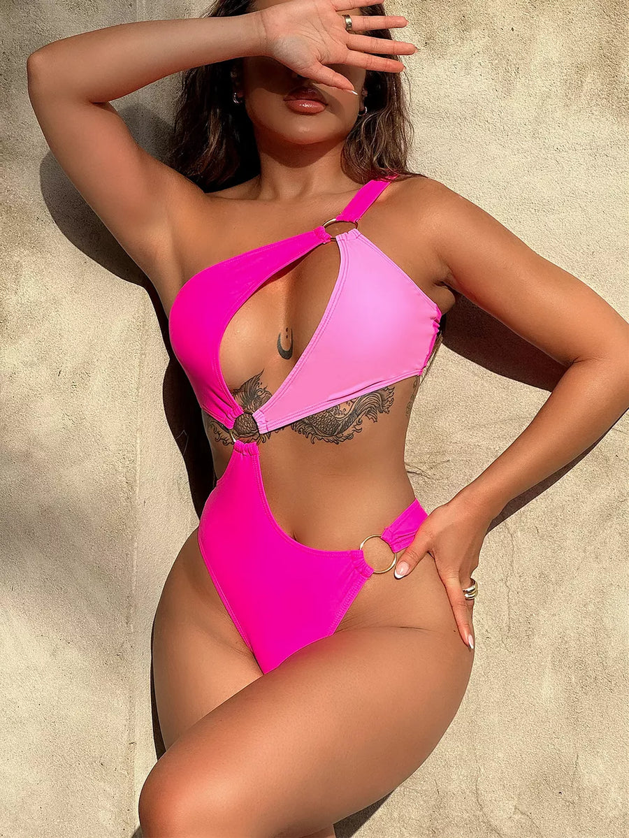 Hot Pink One-Shoulder Cutout One-Piece Swimsuit