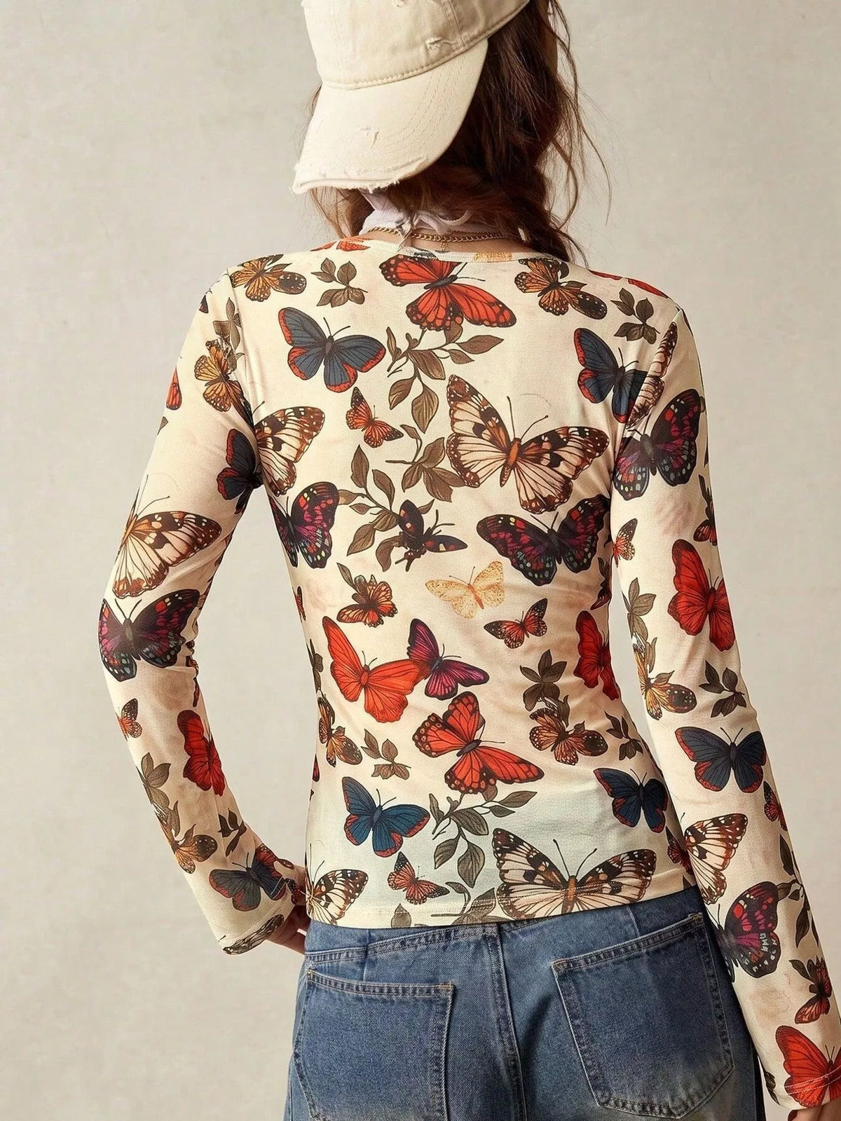 Butterfly Print V-Neck Button-Down Blouse