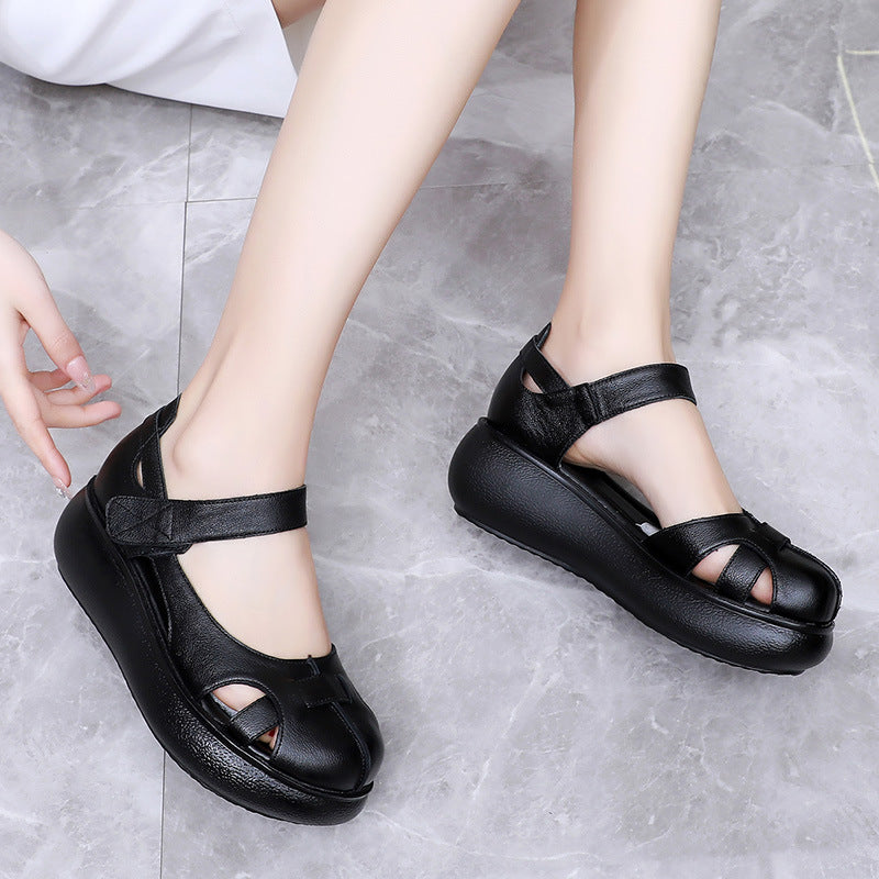 Women's Genuine Leather Closed-Toe Roman Sandals – Velcro Strap Flat Sandals