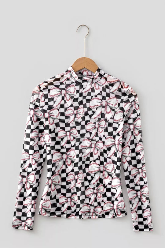 Another view: Baseball Bow Check Mesh Top — Black