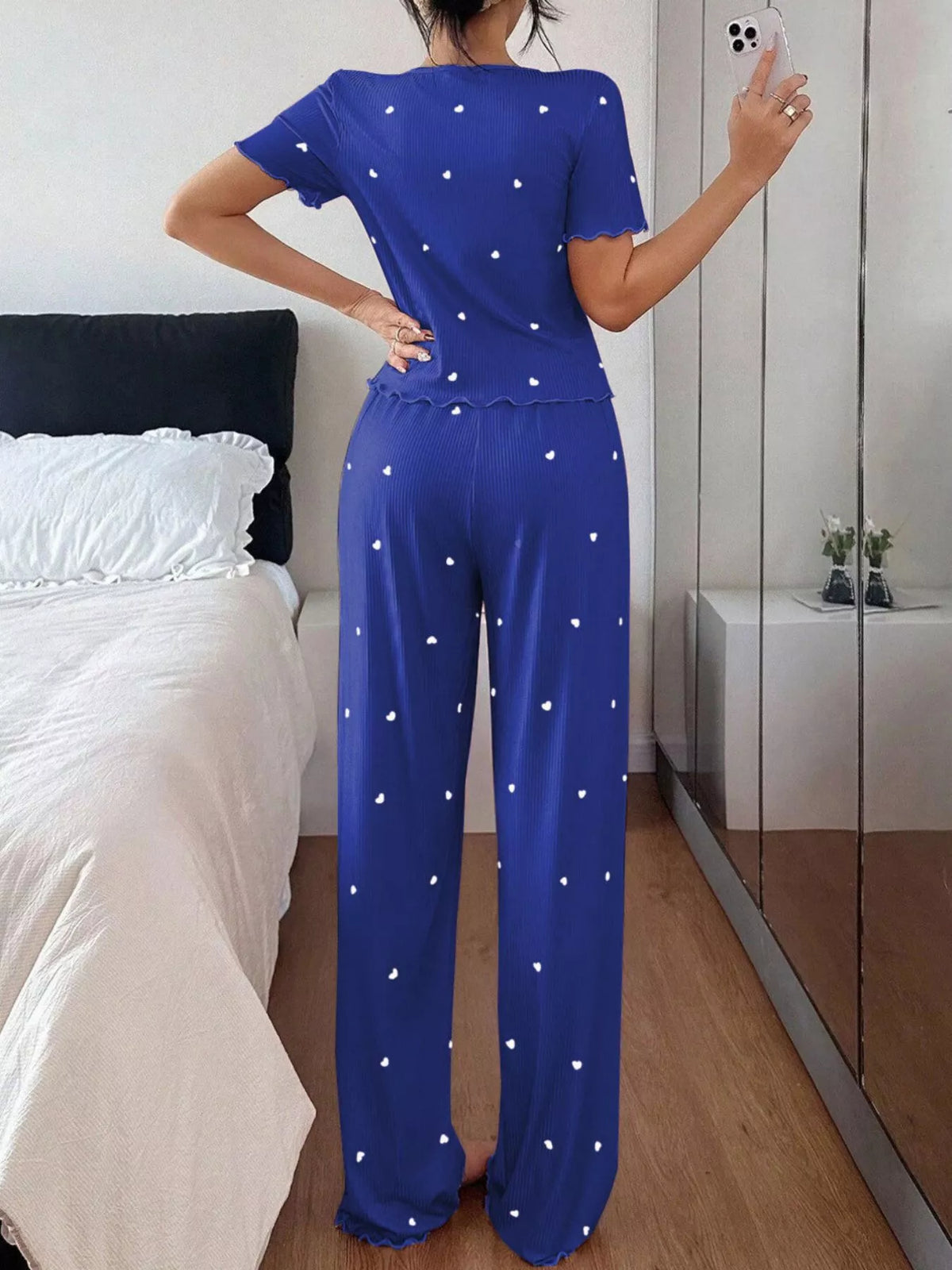 Women's Heart-Print Lettuce-Trim Loungewear Set