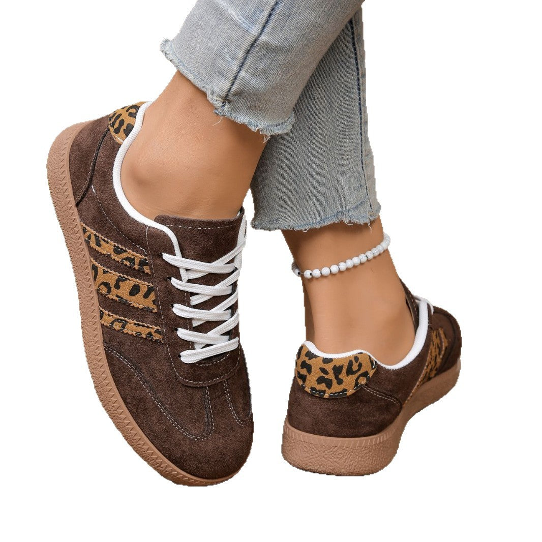 Women's Leopard Print Lace-Up Casual Shoes - Round Toe Color Block Sneakers
