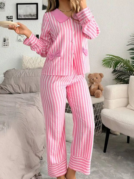 Another view: Stripe Buttoned Front Long-Sleeve Top and Pants 2 Piece Sleepwear
