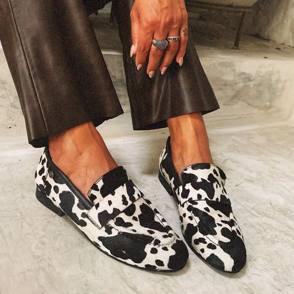 Women's Round-Toe Cow Print Rhinestone Slip-On Shoes | Chunky Low Heel Dress Shoes