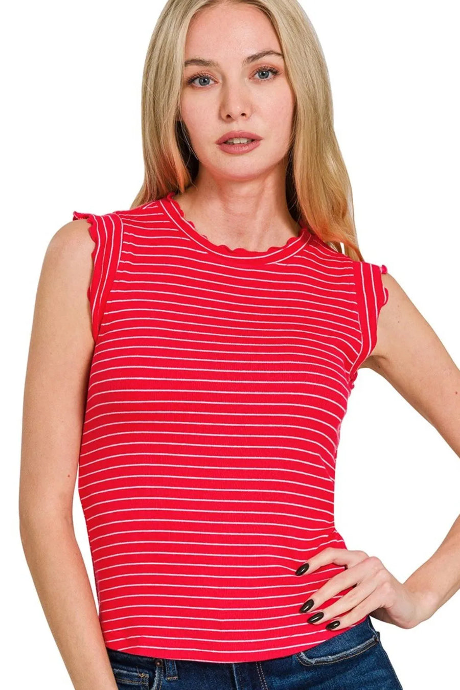 Ribbed Ruffle Trim Sleeveless Stripe Top — RUBY/WHITE