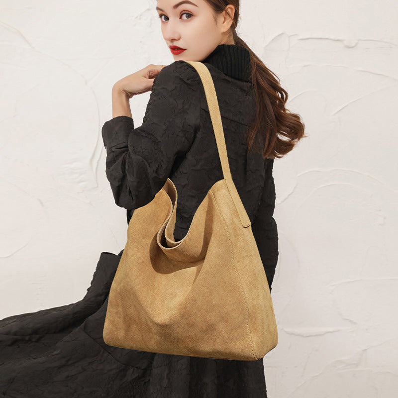 Women's Minimalist Suede Leather Tote Bag - Genuine Leather Shoulder Bag with Zipper Pockets