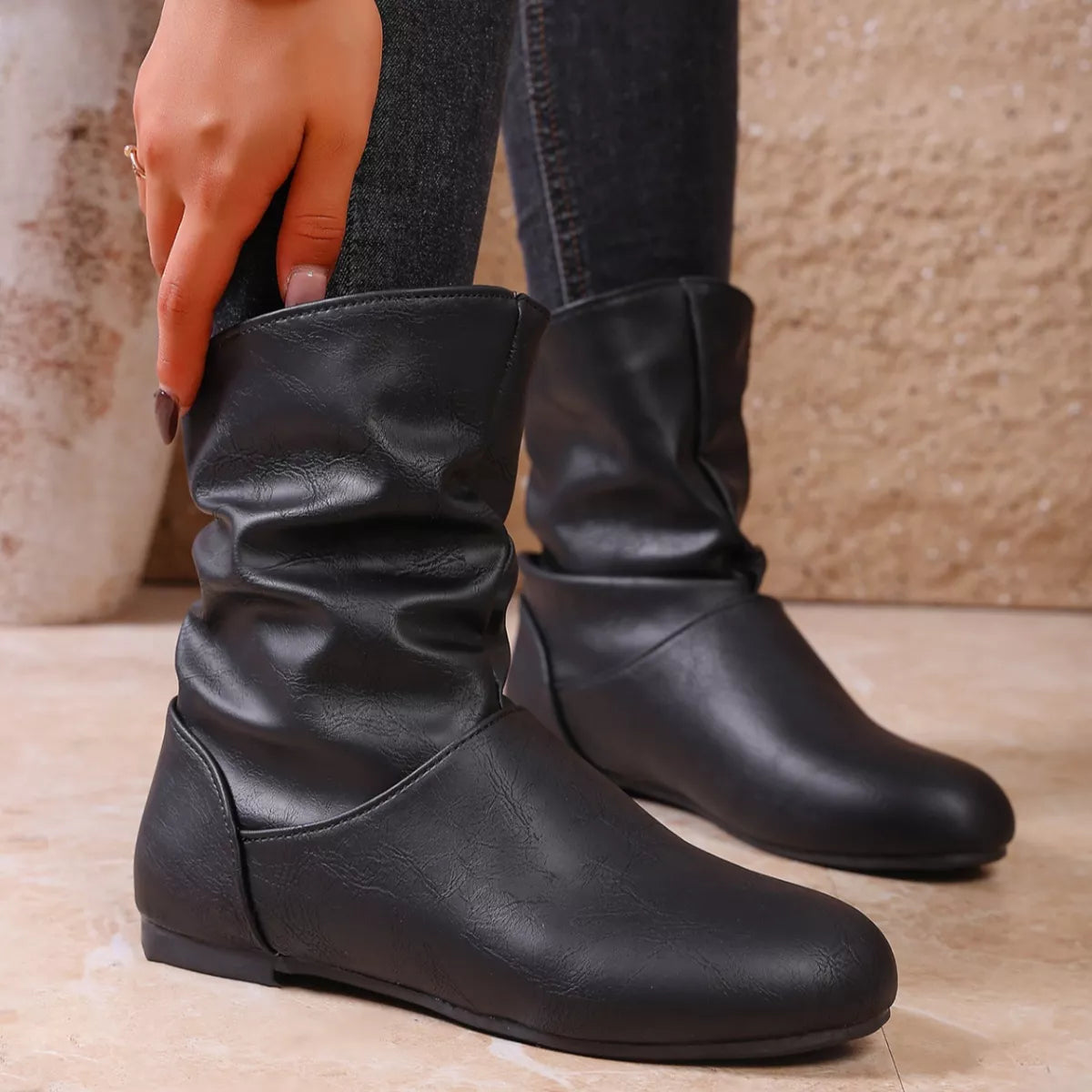 Women's Flat Ankle Boots – Wrinkled PU Leather Side Zipper | Black & Brown