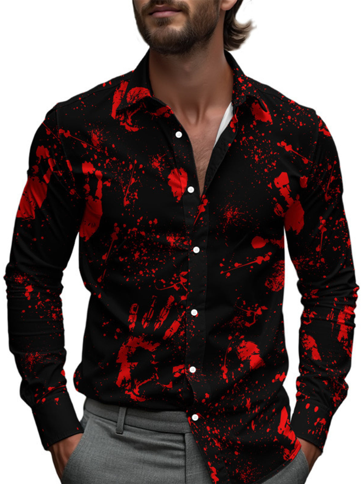 Men's Plus Size Halloween Print Button-Down Shirt