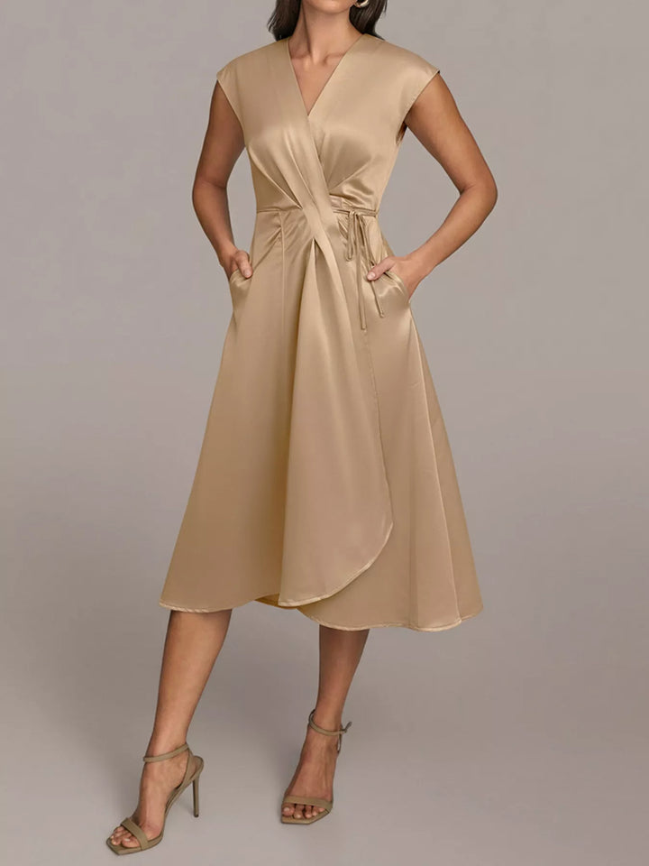 Valentina Satin Wrap Midi Dress with Pockets — product view 1