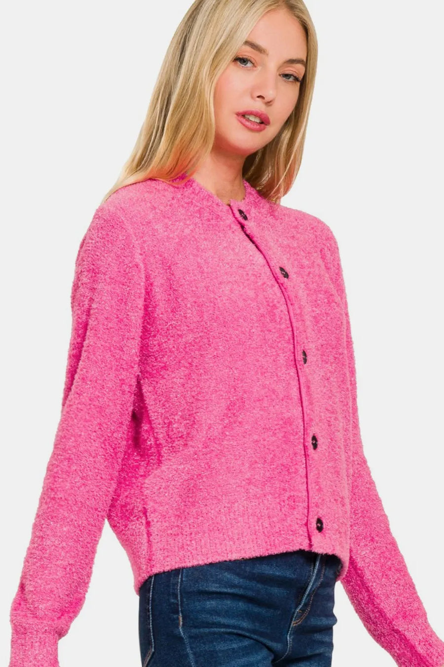 Button Down Long Sleeve Sweater Cardigan — Fuchsia