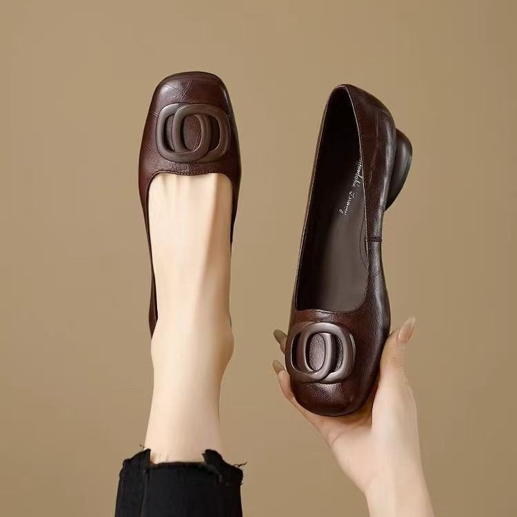 Women's Vintage Round Toe Slip-On Flats | Chunky Low Heel Casual Shoes