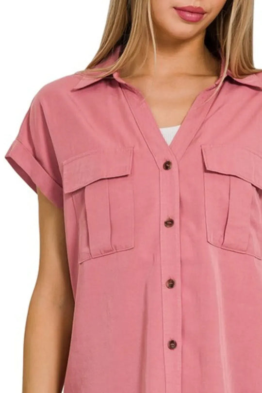 Another view: Tencel V-Neck Collared Top W Front Flap Pockets